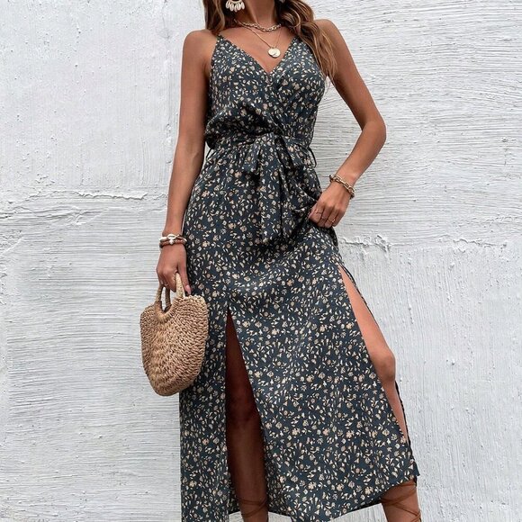 MODA ME COUTURE Dresses & Skirts - Dark Wash Boho Women's Floral Print Maxi Cami Dress with Double Side Slits